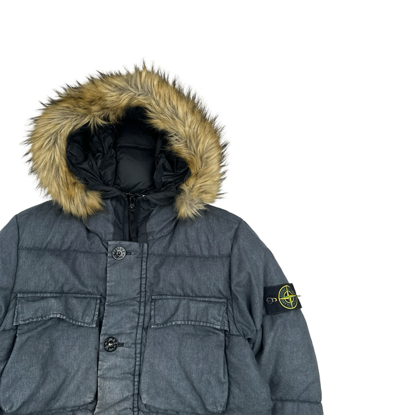 Stone Island 2018 Grey Lino Resinato Down-TC Fur Hood Puffer Jacket - Small