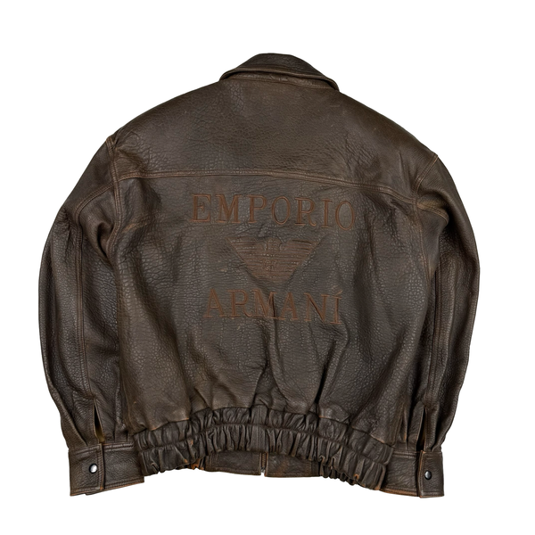 Armani Vintage 80's Spellout PU Leather Lined Bomber Jacket - Medium to Large