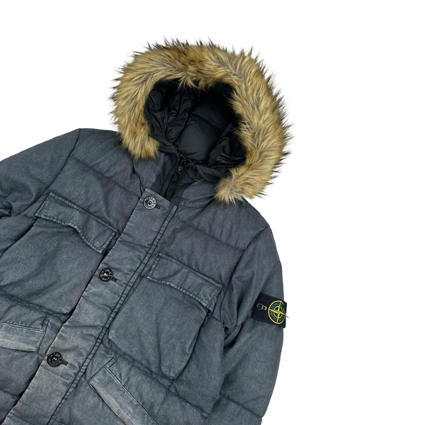 Stone Island 2018 Grey Lino Resinato Down-TC Fur Hood Puffer Jacket - Small