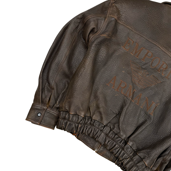 Armani Vintage 80's Spellout PU Leather Lined Bomber Jacket - Medium to Large