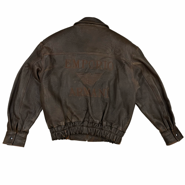 Armani Vintage 80's Spellout PU Leather Lined Bomber Jacket - Medium to Large