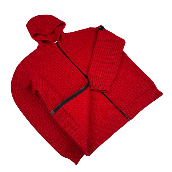 Stone Island 2025 Red Wool/Cashmere Blend Full Zip Cable Heavy Knit Hooded Jumper - XL