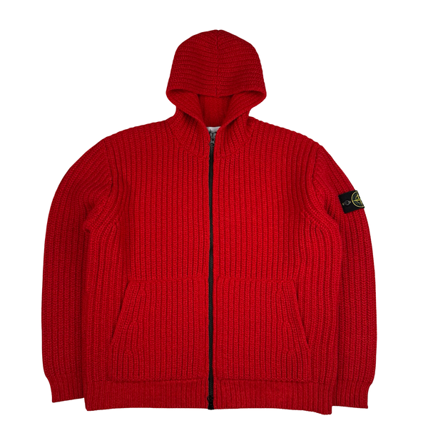 Stone Island 2025 Red Wool/Cashmere Blend Full Zip Cable Heavy Knit Hooded Jumper - XL