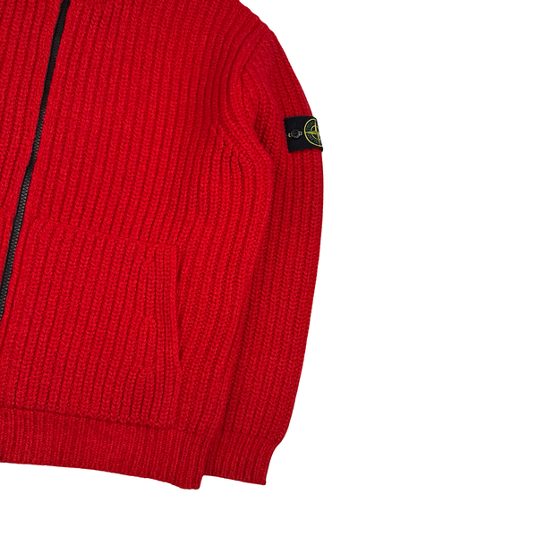 Stone Island 2025 Red Wool/Cashmere Blend Full Zip Cable Heavy Knit Hooded Jumper - XL
