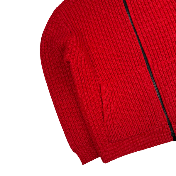 Stone Island 2025 Red Wool/Cashmere Blend Full Zip Cable Heavy Knit Hooded Jumper - XL