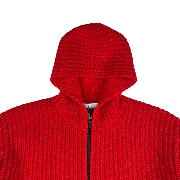 Stone Island 2025 Red Wool/Cashmere Blend Full Zip Cable Heavy Knit Hooded Jumper - XL