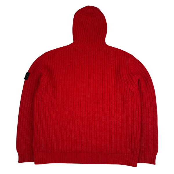 Stone Island 2025 Red Wool/Cashmere Blend Full Zip Cable Heavy Knit Hooded Jumper - XL