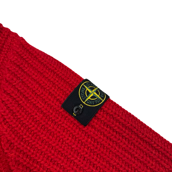 Stone Island 2025 Red Wool/Cashmere Blend Full Zip Cable Heavy Knit Hooded Jumper - XL