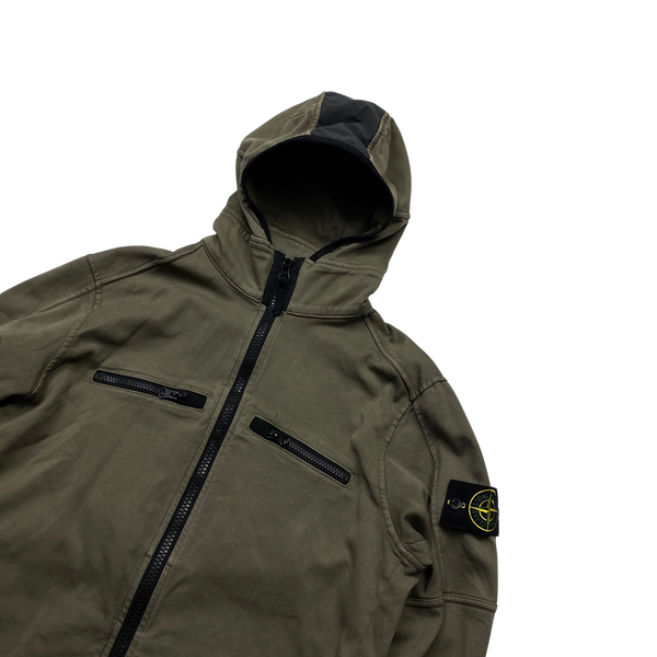 Stone Island Olive Green Stretch Cotton Hooded Overshirt - Medium