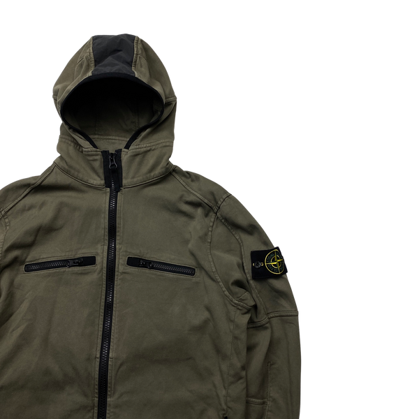 Stone Island Olive Green Stretch Cotton Hooded Overshirt - Medium