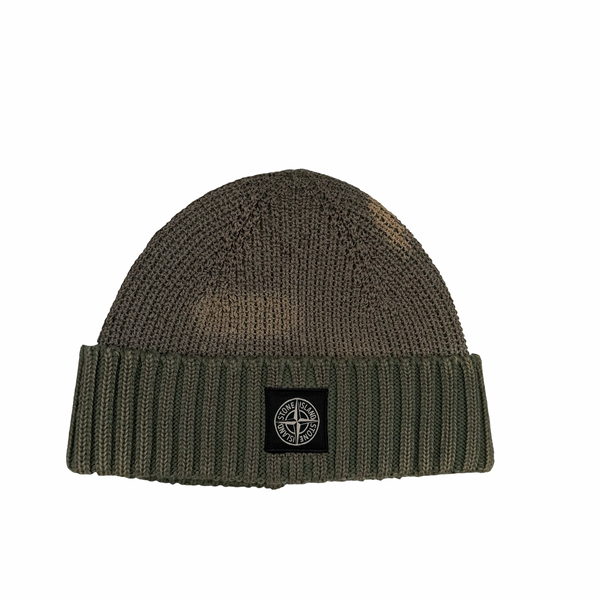 Stone Island 2017 Green Ice Knit Ribbed Wool Logo Beanie Hat - One-size