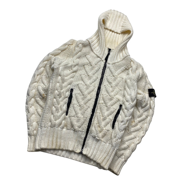 Stone Island 2008 White Cable President Knit Zipped Jumper - XL