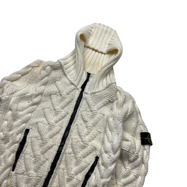 Stone Island 2008 White Cable President Knit Zipped Jumper - XL