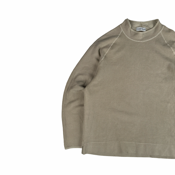 Stone Island 2003 Tan Mock Neck Ribbed Cotton Pullover - XXL