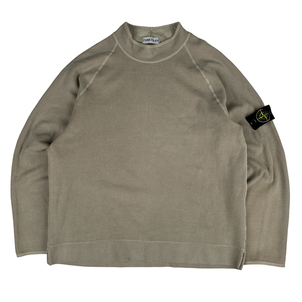 Stone Island 2003 Tan Mock Neck Ribbed Cotton Pullover - XXL