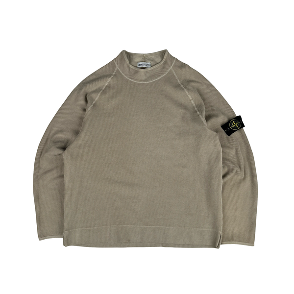Stone Island 2003 Tan Mock Neck Ribbed Cotton Pullover - XXL