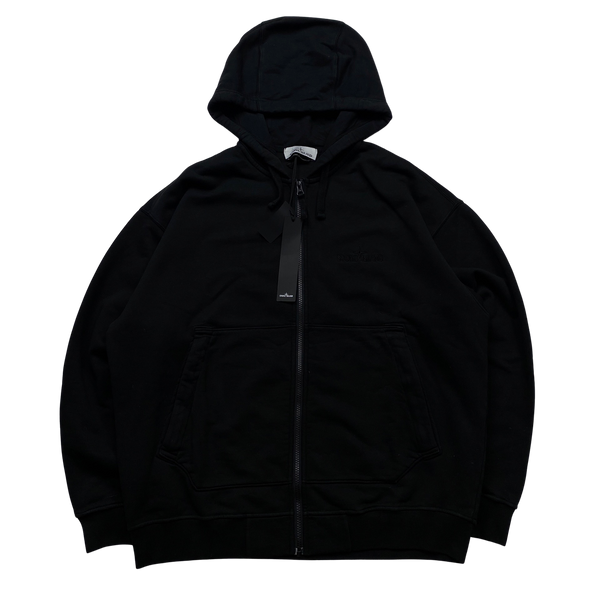 Stone Island 2023 Black Spellout Zipup Cotton Hoodie - Large