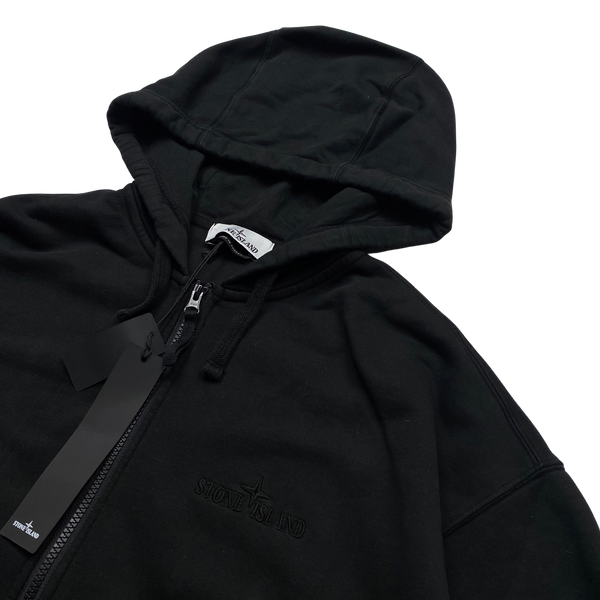 Stone Island 2023 Black Spellout Zipup Cotton Hoodie - Large