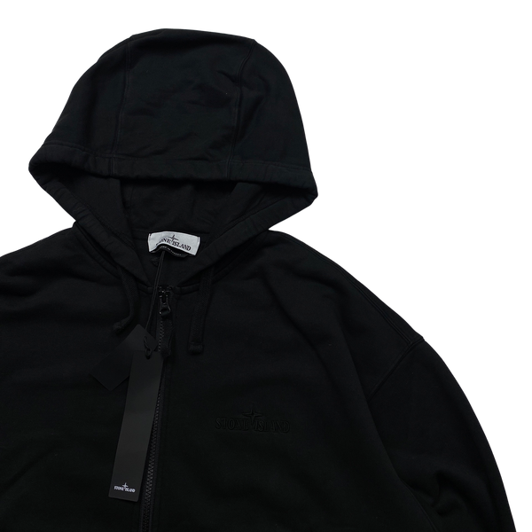 Stone Island 2023 Black Spellout Zipup Cotton Hoodie - Large
