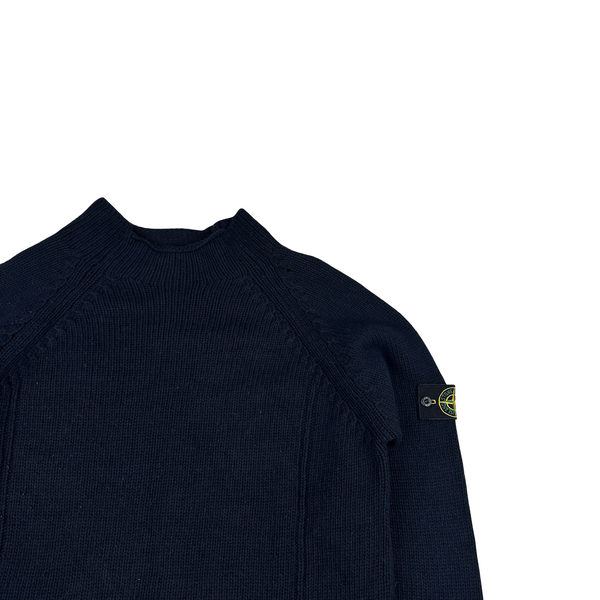 Stone Island 2001 Navy Lana Wool Vintage Ribbed High Neck Jumper - XL
