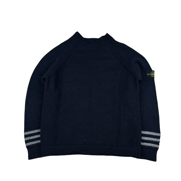 Stone Island 2001 Navy Lana Wool Vintage Ribbed High Neck Jumper - XL