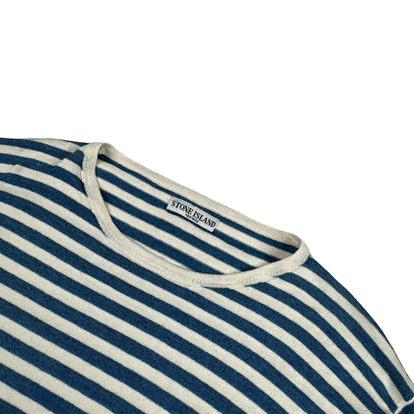 Stone Island 2008 White/Blue Stripped Cotton Crewneck Pullover Lightweight Jumper - XXL