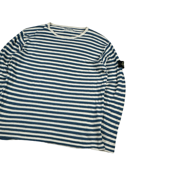 Stone Island 2008 White/Blue Stripped Cotton Crewneck Pullover Lightweight Jumper - XXL