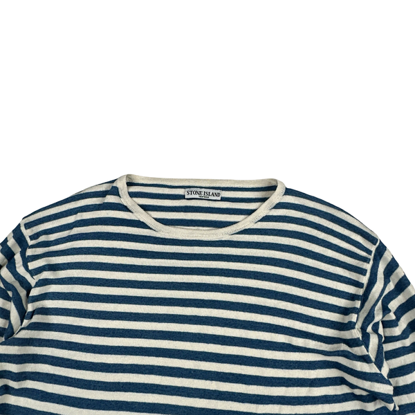 Stone Island 2008 White/Blue Stripped Cotton Crewneck Pullover Lightweight Jumper - XXL