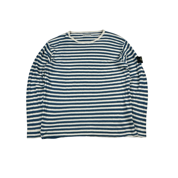 Stone Island 2008 White/Blue Stripped Cotton Crewneck Pullover Lightweight Jumper - XXL