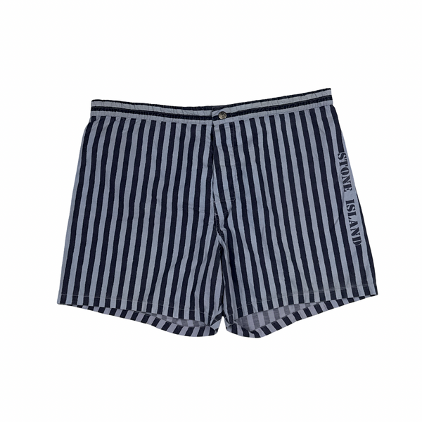 Stone Island 1997 Spellout Vintage Cotton Blend  Blue Stripe Swim Shorts - Large