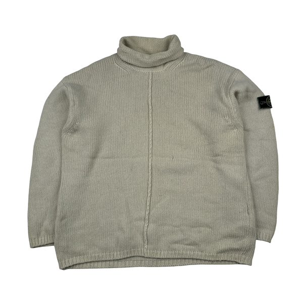 Stone Island 1997 Beige Knitted Wool Vintage Roll Neck Jumper - XL
