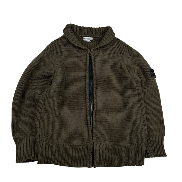 Stone Island AW/2001 khaki Heavyweight Wool Knit Zip Up Jumper - XL