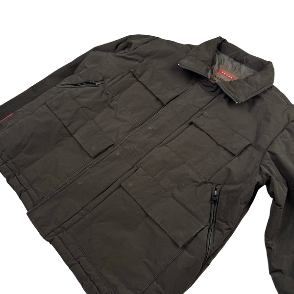 Prada Brown Coated Red Tab Nylon Quilted Jacket - Large