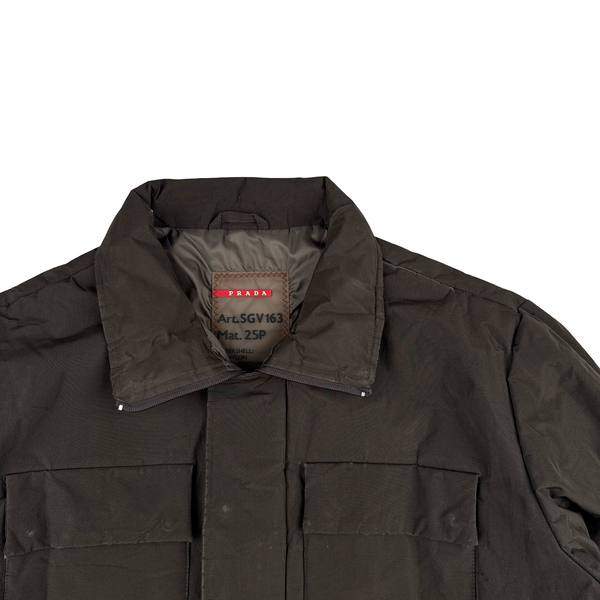 Prada Brown Coated Red Tab Nylon Quilted Jacket - Large