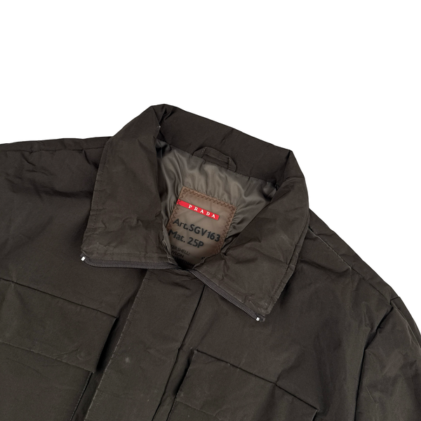 Prada Brown Coated Red Tab Nylon Quilted Jacket - Large