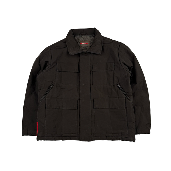 Prada Brown Coated Red Tab Nylon Quilted Jacket - Large