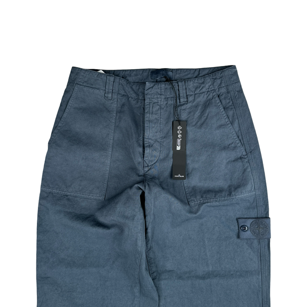 Stone Island 2026 Blue Ghost Cotton Linen Canvas Cargos Trousers - 32"