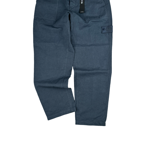 Stone Island 2026 Blue Ghost Cotton Linen Canvas Cargos Trousers - 32"