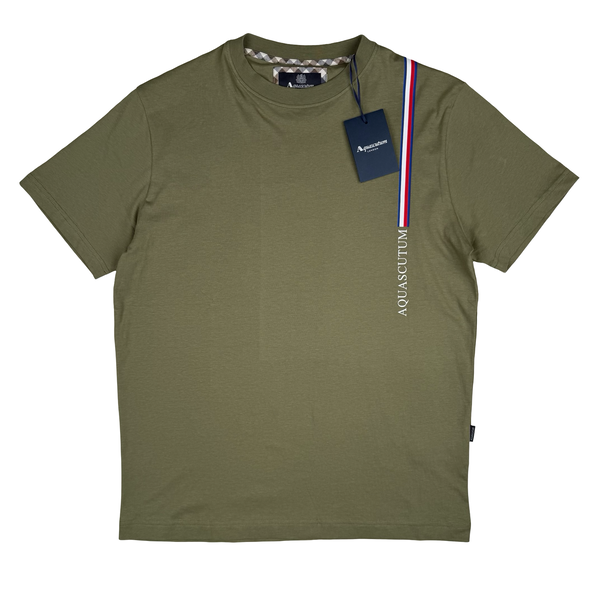 Aquascutum Khaki Green Cotton Spellout T Shirt - Large