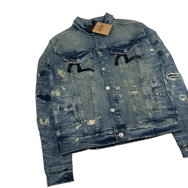 Evisu Multi Pocket Distressed Japanese Denim Jacket - Medium