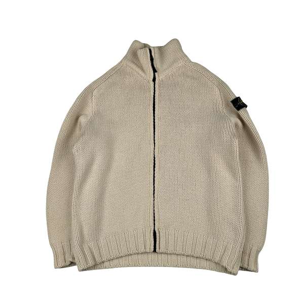 Stone Island 1997 Heavyweight Cream Zipped Thick Knit Jumper - XL