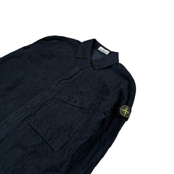 Stone Island 2025 Navy Crinkled Corduroy Zip Up Overshirt - Large