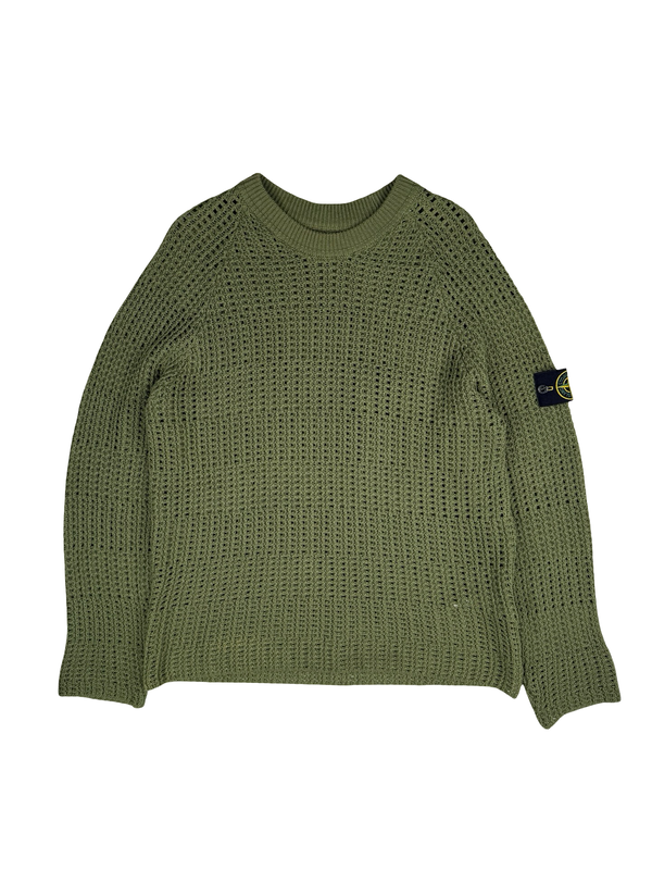 Stone Island 2022 Green Thick Woven Cotton Flax Knit Crewneck Jumper - Medium