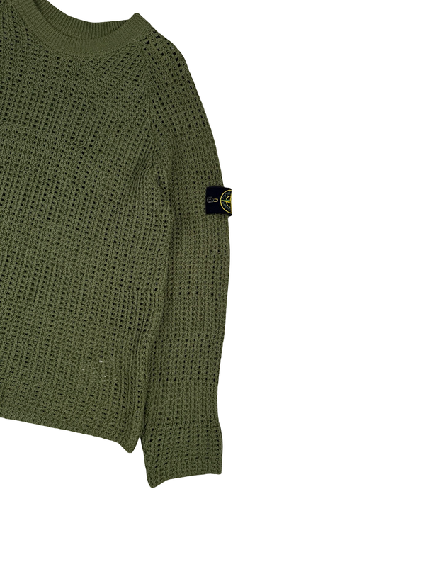 Stone Island 2022 Green Thick Woven Cotton Flax Knit Crewneck Jumper - Medium