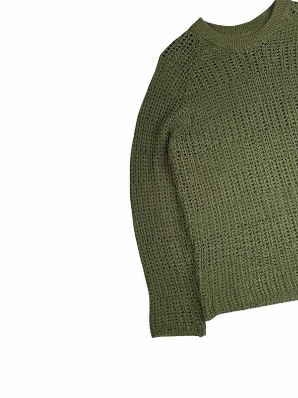 Stone Island 2022 Green Thick Woven Cotton Flax Knit Crewneck Jumper - Medium