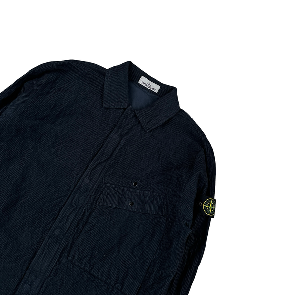 Stone Island 2025 Navy Crinkled Corduroy Zip Up Overshirt - Large