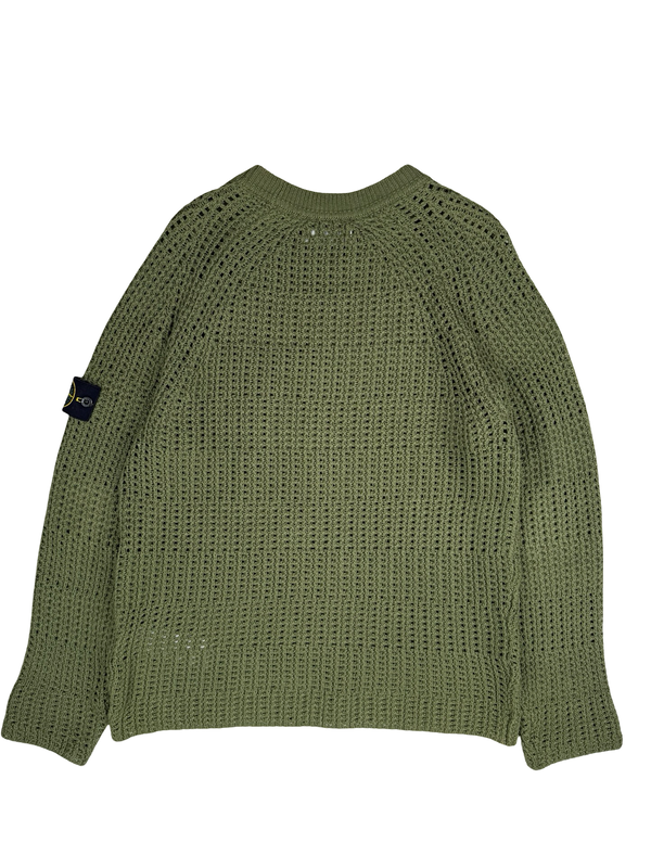 Stone Island 2022 Green Thick Woven Cotton Flax Knit Crewneck Jumper - Medium