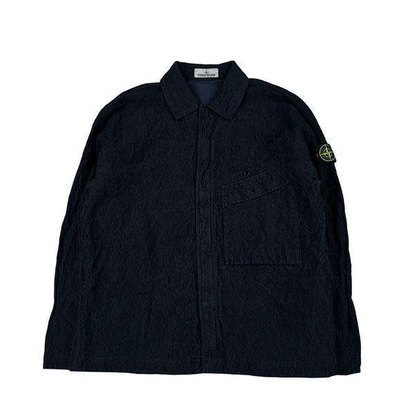 Stone Island 2025 Navy Crinkled Corduroy Zip Up Overshirt - Large