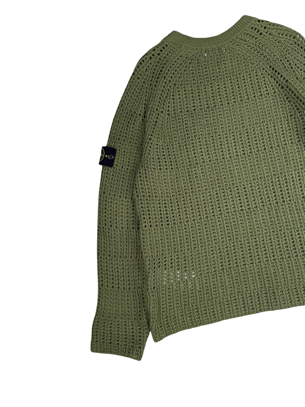 Stone Island 2022 Green Thick Woven Cotton Flax Knit Crewneck Jumper - Medium