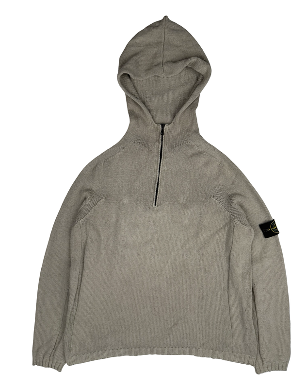 Stone Island 2003 Beige Cotton Knitted Hooded Quarter Zip Jumper - XXL